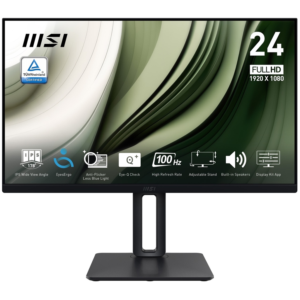 [9S6-3PC19M-003] MSI Pro MP245PG 24 Inch Monitor, FHD (1920 x 1080), 100Hz, IPS, 1ms, 1x HDMI 1.4b, 1x DP 1.2a output, 1x D-Sub(VGA), Built-in Speakers, Anti-Glare, Anti-Flicker, Less Blue light, TÜV Certified, VESA, Kensington, 4-way adjustable stand, Black