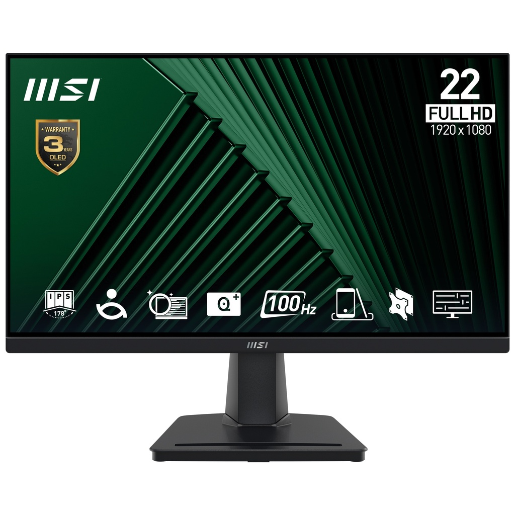 [9S6-3PE0CM-001] MSI Pro MP225V 21.45 Inch Monitor, FHD (1920 x 1080), 100Hz, VA, 1ms, 1x HDMI 1.4b, 1x D-Sub(VGA), Anti-Glare, Anti-Flicker, Less Blue light, TÜV Certified, VESA, Kensington, Black