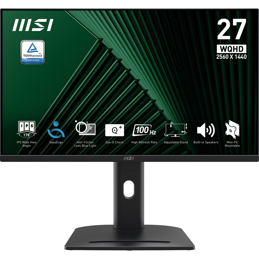 [9S6-3PC39M-063] MSI Pro MP275QPG 27 Inch Monitor, QHD (2560 x 1440), 100Hz, IPS, 1ms, 2x HDMI 2.0b, 1x DP 1.2a output, Built-in Speakers, Anti-Glare, Anti-Flicker, Less Blue light, TÜV Certified, VESA, Kensington, 4-way adjustable stand, Black