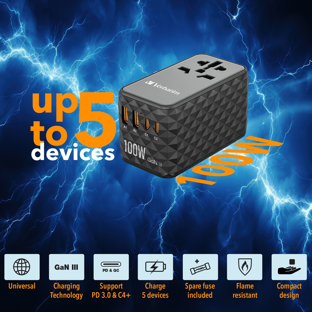 [32121] Verbatim UTA-06 100W GaN III Universal Travel Adapter with 2 x USB-C PD & QC 4+ & 2 x USB-A QC 3.0 ports