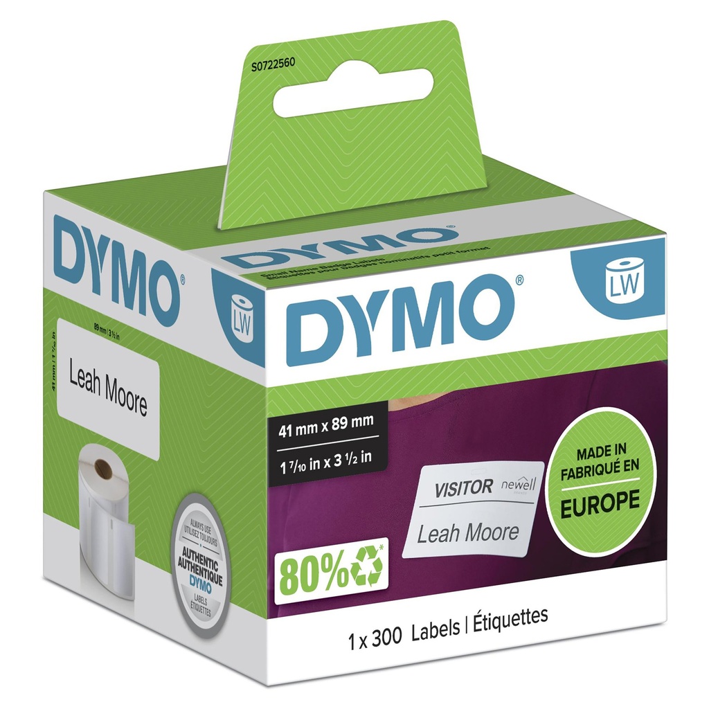 ORIGINAL DYMO Etichette Bianco S0722560 11356 1 rotolo di badge portanome, 41mm x 89mm, 300 etichette, carta rimovibile, bianco