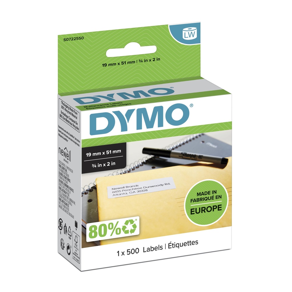 ORIGINAL DYMO Etichette Bianco S0722550 11355 etichette bianche, 19x51mm, 500 pezzi