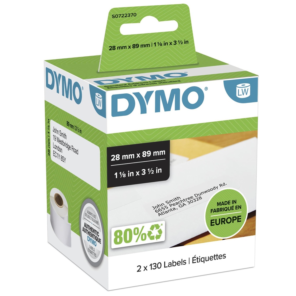 ORIGINAL DYMO Etichette Bianco S0722370 99010 bianche etichette per l'idirizzio, 89x28mm, 2x130
