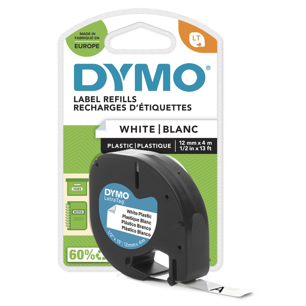 ORIGINAL DYMO Nastro Nero su bianco S0721660 91221 LetraTAG banda di materiale sintentico, 12mm x 4m
