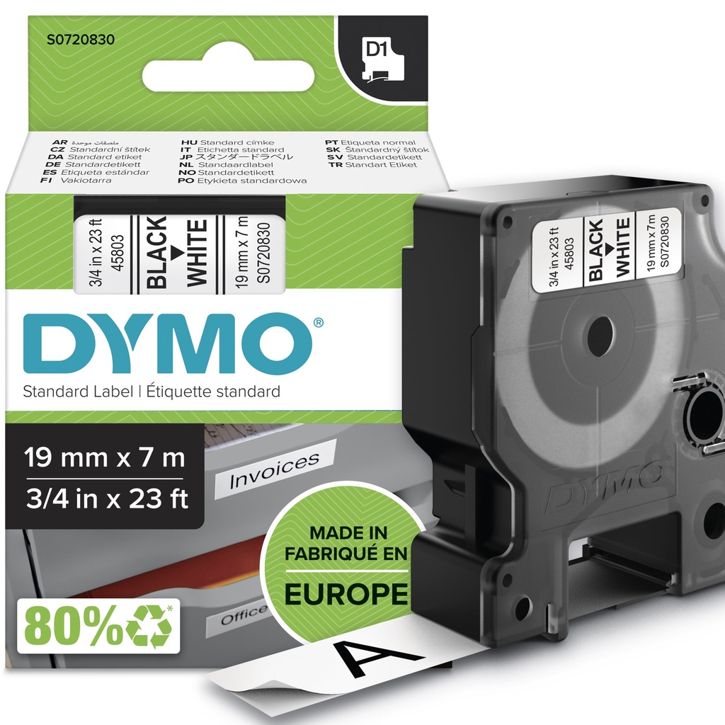 ORIGINAL DYMO Nastro Nero su bianco S0720830 45803 19mm x 7m, Standard-D1-ruolo