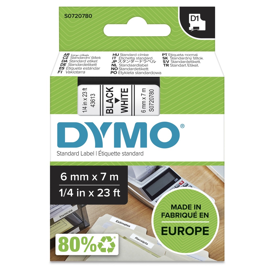 ORIGINAL DYMO Nastro Nero su bianco S0720780 43613 6mm x 7m, nastro standard D1