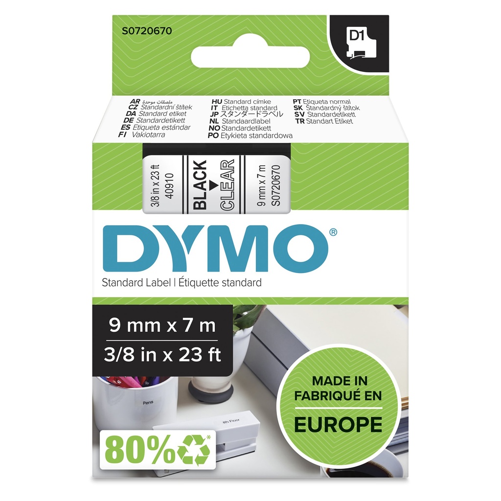 ORIGINAL DYMO Nastro Nero su trasparente S0720670 40910 9mm x 7m, nastro standard D1