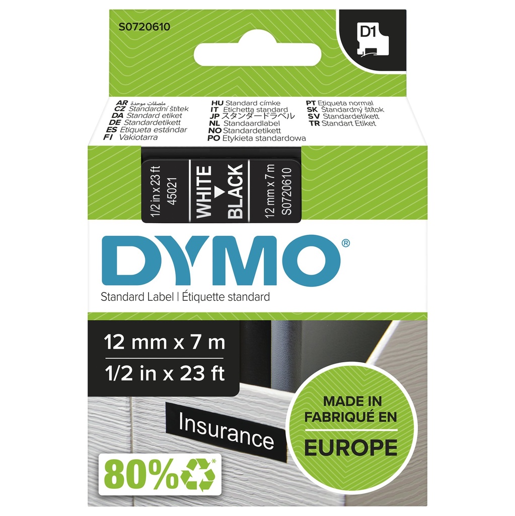 ORIGINAL DYMO Nastro Bianco su nero S0720610 45021 12mm x 7m, Standard-D1-ruolo