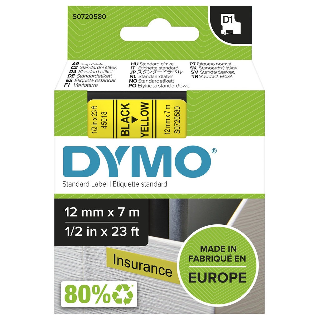 ORIGINAL DYMO Nastro Nero su giallo S0720580 45018 12mm x 7m, Standard-D1-ruolo