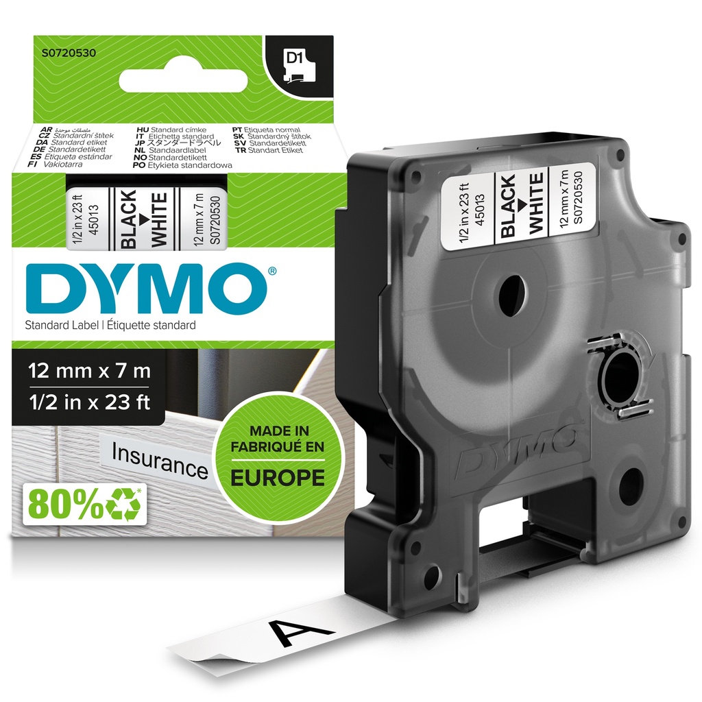 ORIGINAL DYMO Nastro Nero su bianco S0720530 45013 12mm x 7m, Standard-D1-ruolo