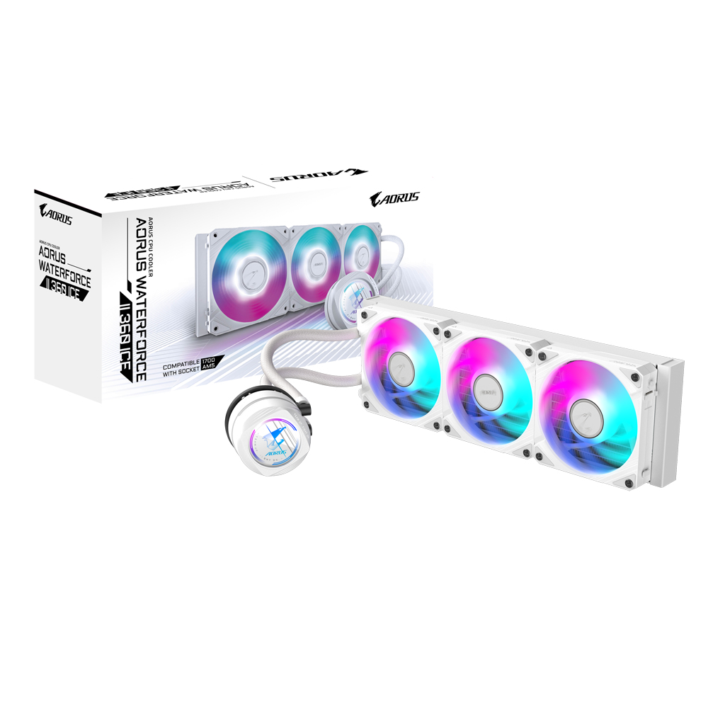 [GP-AORUS WATERFORCE II 360I] GIGABYTE AORUS WATERFORCE II 360 ICE AIO Liquid CPU Cooler - 3x120mm ARGB Fans, slide-in interlocking mechanism, DAISY-CHAIN, Intel LGA 1851 and AMD AM5 Compatible
