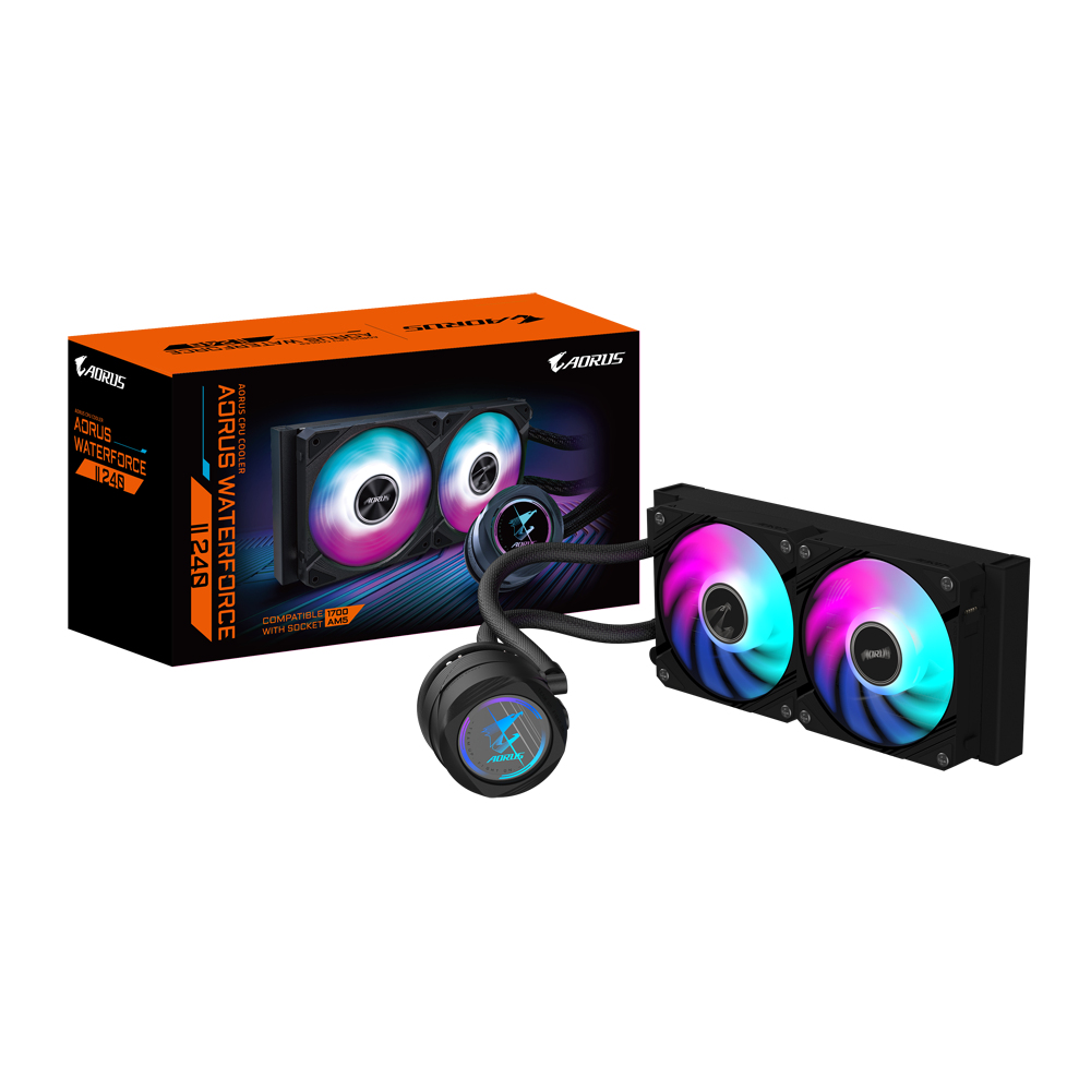 [GP-AORUS WATERFORCE II 240 G] GIGABYTE AORUS WATERFORCE II 240 AIO Liquid CPU Cooler - 2x120mm ARGB Fans, slide-in interlocking mechanism, DAISY-CHAIN, Intel LGA 1851 and AMD AM5 Compatible