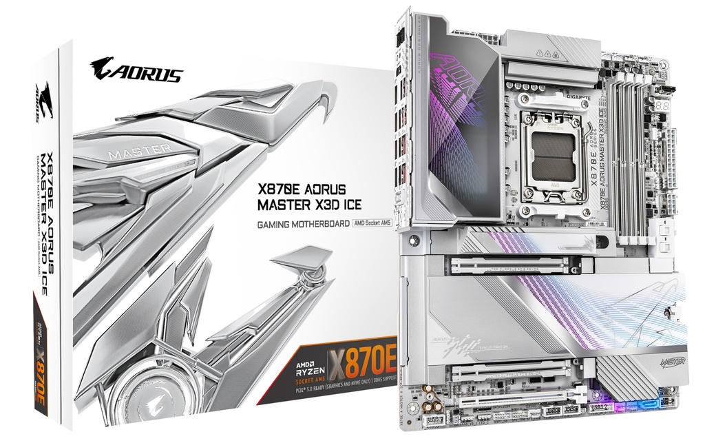 GIGABYTE X870E AORUS MASTER X3D ICE Motherboard - Supports AMD Ryzen 9000 CPUs, 18+2+2 Phases Digital VRM, up to 9000Hz DDR5 (OC), 2xPCIe 5.0 + 3xPCIe 4.0, Wi-Fi 7, 10GbE LAN, USB 4