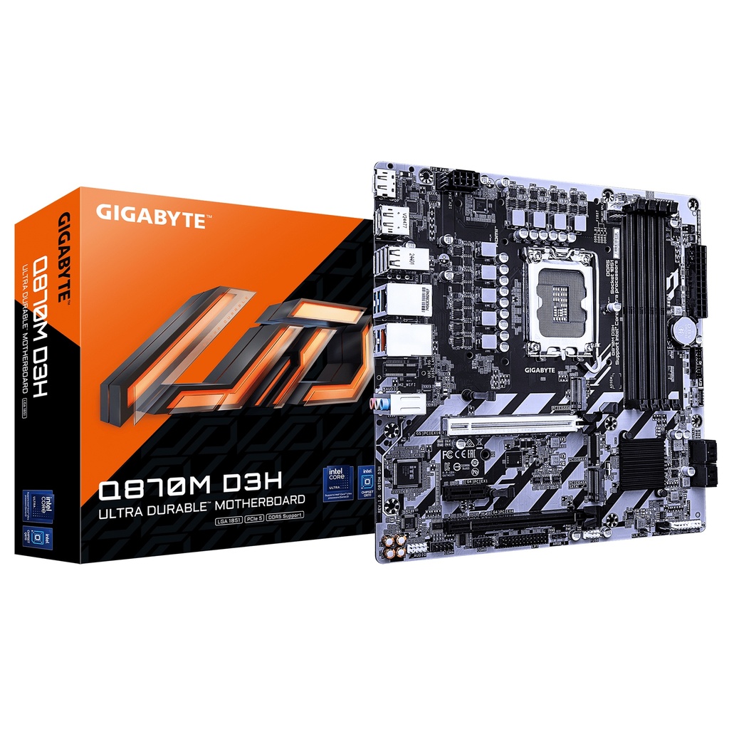 GIGABYTE Q870M D3H Motherboard - Intel Core Ultra (Series 2) CPUs, 4+1+2 Phases VRM, up to 9066MHz DDR5 (O.C), 2xPCIe 4.0 M.2, 1GbE LAN, USB 3.2 Gen 2