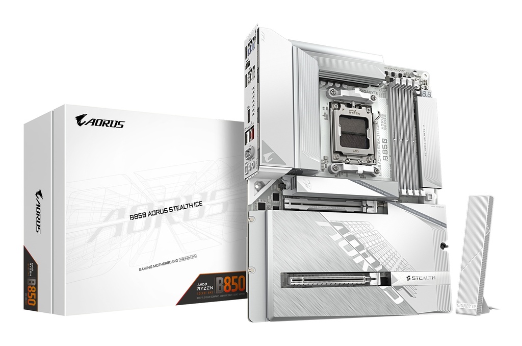 GIGABYTE B850 AORUS STEALTH ICE Motherboard - AMD Ryzen 9000 Series CPUs, 14+2+2 Phases Digital VRM, up to 8200MHz DDR5 (OC), 2xPCIe 5.0 + 2xPCIe 4.0 M.2, WIFI 7, 5 GbE LAN, USB 3.2 Gen 2