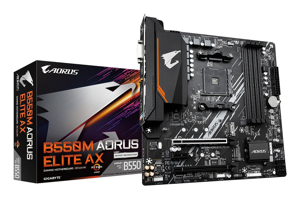 GIGABYTE B550M AORUS ELITE AX Motherboard - AMD Ryzen 5000 CPUs, 5+3 Phases VRM, up to 4733MHz DDR4, 1xPCIe 4.0 + 1xPCIe 3.0 M.2, Wi-Fi 6E, 1GbE LAN, USB 3.2 Gen 1