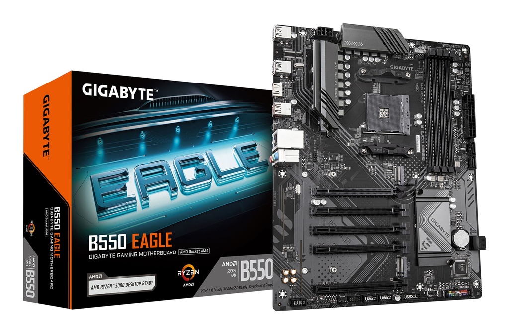 GIGABYTE B550 EAGLE Motherboard - AMD Ryzen 5000 G-Series CPUs, 10+3+1 Phases VRM, up to 3200MHz DDR4, 1xPCIe 4.0 + 1xPCIe 3.0 M.2, 1GbE LAN, USB 3.2 Gen 2