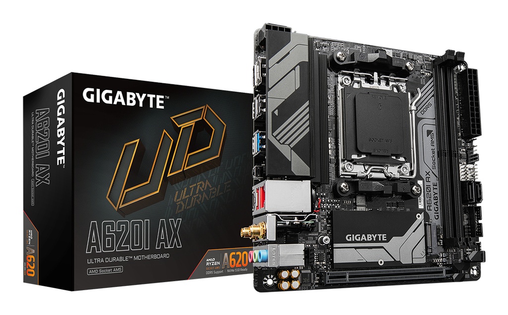 GIGABYTE A620I AX Motherboard - Supports AMD Ryzen 8000 CPUs, 5+2+1 Phases Digital VRM, up to 6400MHz DDR5 (OC), 1xPCIe 4.0 M.2, Wi-Fi 6E, 2.5GbE LAN, USB 3.2 Gen 2