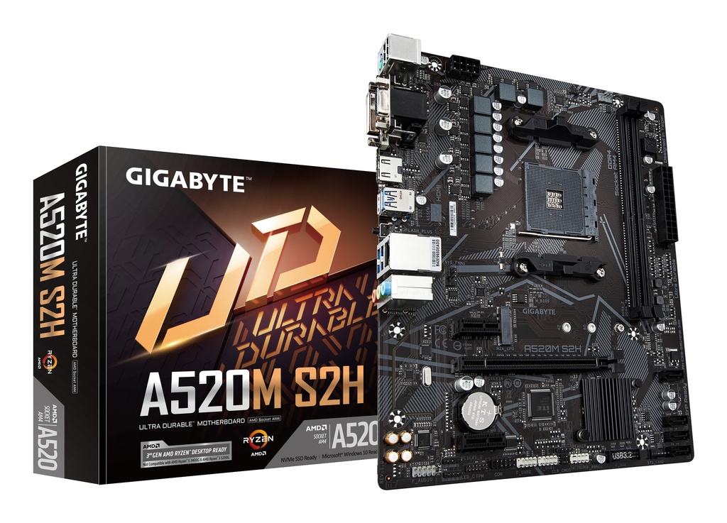 GIGABYTE A520M S2H Motherboard - Supports AMD Ryzen 5000 Series AM4 CPUs, 4+3 Phases Pure Digital VRM, up to 5100MHz DDR4 (OC), PCIe 3.0 x4 M.2, GbE LAN, USB 3.2 Gen 1