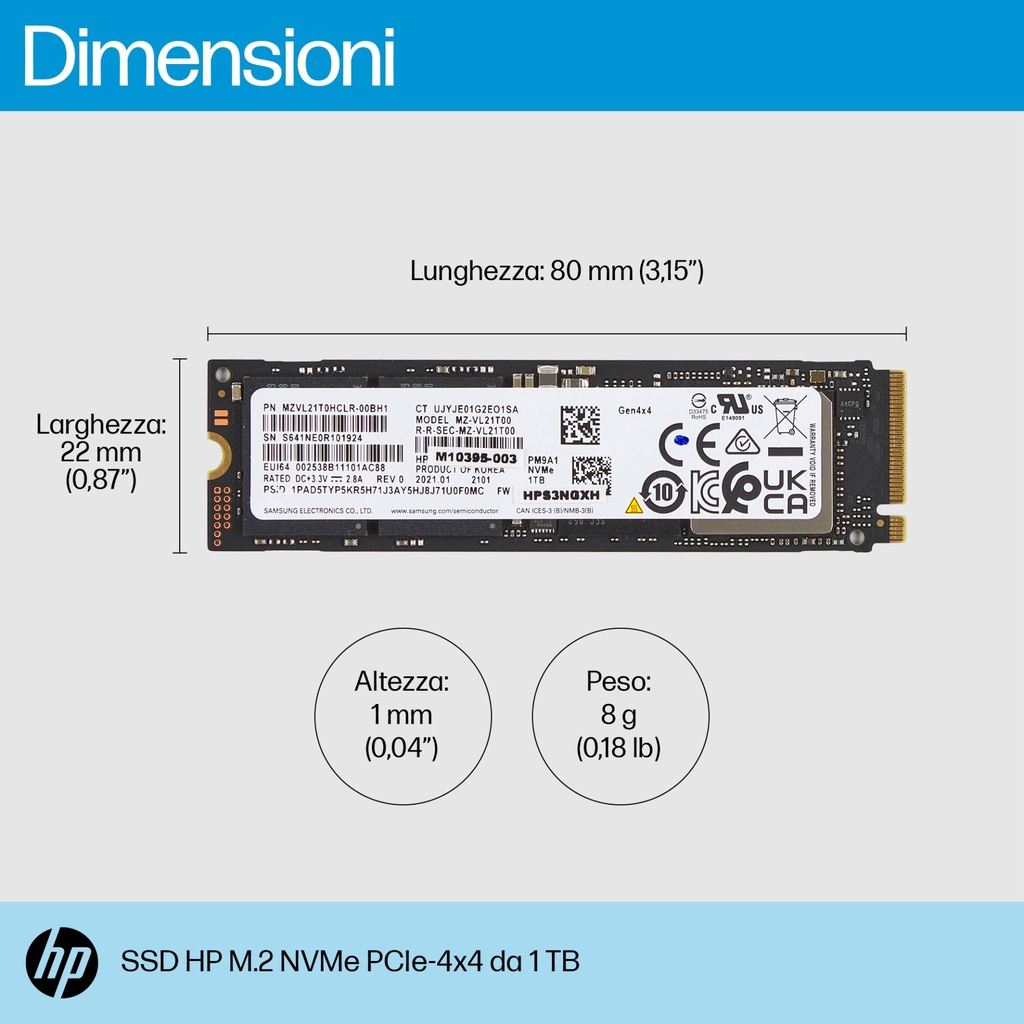 [8C4X7AA] HP 1TB PCIE-4X4 NVME M.2 G10 SOLID STATE DRIVE
