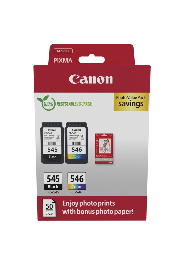 [8287B008] ORIGINAL Canon Value Pack nero / differenti colori / Bianco PG-545 + CL-546 + 10x15 cm Fotopapier 50 Blatt ~360 Seiten
