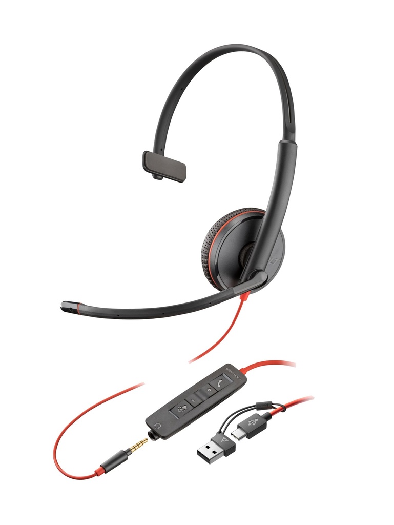 [8X227AA] HP Poly Blackwire 3215 Monaural USB-C Headset +3.5mm Plug +USB-C/A Adapter